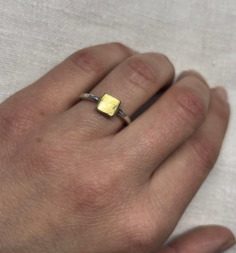 Ring silver, 900 yellow gold, square, geometric, recycled, handmade, rectangle, minimalist, goldsmith, handmade, square, real gold image 2