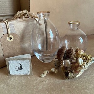 May include: Two clear glass vases with gold rims, one taller and one shorter, sitting on a brown surface. The vases are empty and there are dried flowers in front of them.