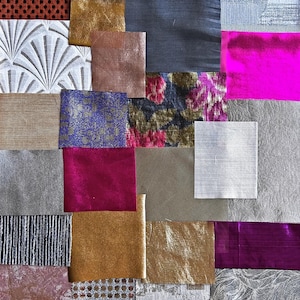 May include: A collection of fabric samples arranged in a grid. The swatches display diverse textures and colours, including red, gold, blue, and silver. Some fabrics feature patterns, such as floral and geometric designs.