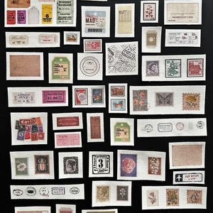 Set of 51 Stamps Tags & Tickets Colour Printed Fabric Mini Panels Slow Mindful Stitching, Junk Journalling, Scrapbook, Sewing, Bobbin Reel