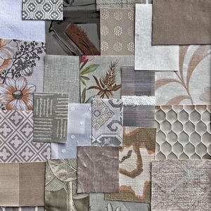 May include: A collection of fabric swatches in a palette of neutral colours, including beige, grey, and brown. The samples display a variety of patterns, such as floral, geometric, and textured designs, ideal for interior design.