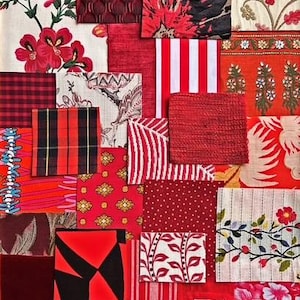 May include: A collage of various fabric swatches featuring a dominant red colour palette. The collection includes diverse patterns such as floral prints, red and white stripes, black and red plaid, polka dots, geometric shapes, and solid red textures.