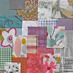 May include: A collage of various fabric swatches featuring diverse patterns including floral, geometric, plaid, and striped designs in a wide array of colours such as pink, green, orange, blue, grey, and yellow, arranged in a rectangular grid.