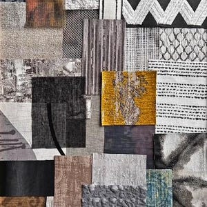 May include: A collection of various fabric swatches arranged in a collage, featuring diverse textures and patterns including geometric shapes, stripes, solid colours, and abstract prints in shades of grey, black, white, brown, and a single gold square.