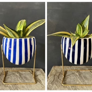 Blue and Dark Blue Striped Swing Planter on Gold Metal Stand - Choose Colourway