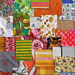 May include: A collage of various fabric swatches featuring diverse patterns including floral, striped, polka dot, and geometric designs in vibrant colours like orange, green, yellow, pink, and blue, with a graphic of a milk pitcher at the bottom.