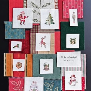 May include: A collection of fabric swatches in red, green, and neutral tones featuring Christmas-themed illustrations including Santa, a tree, a nutcracker, a reindeer, a gift, holly, a snow globe, a car with gifts, and a snowman with text.