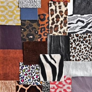 May include: A collection of fabric samples featuring animal prints. The selection includes leopard, zebra, and snakeskin patterns in diverse colours such as black, white, brown, and red. There are also solid-coloured swatches.