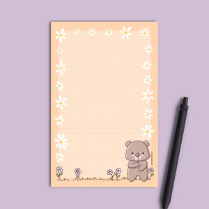 Handmade Notepad - Bear with Daisies , Handmade Memo Pad, Handmade Stationery, Cute Stationery - 5.5" x 8.5", 50 pages