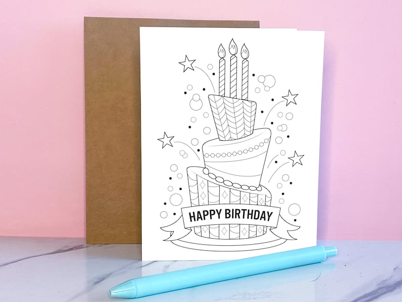 Birthday Cake Coloring Card Blank Inside with Kraft Envelope GC.16 image 1