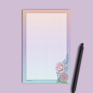 Stationery Notepad, Memo pad, Peony and Rose Grid Notepad, Floral Notepad, Handmade  - 5.5" x 8.5", 50 pages