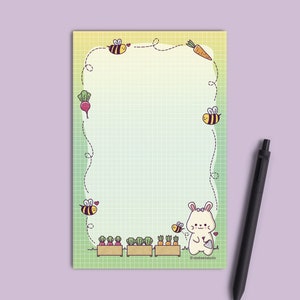 Gardening Stationery Notepad, Memo Pad, Gardening Bunny Grid Paper, Handmade - 5.5" x 8.5", 50 pages