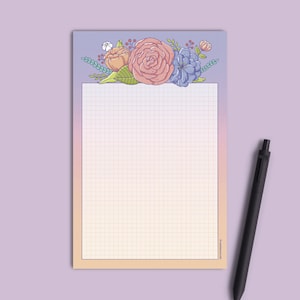 Handmade Floral Notepad with Grid Paper, Stationery - 5.5" x 8.5", 50 pages