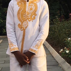 White African Clothing for Boys with Gold Embroidery, African Outfit, African Clothing for Men, Africa Attire, African Wedding Outfit