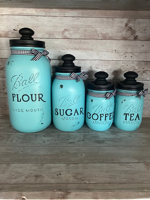 Turquoise Mason Jar Canister Set with Gingham Ribbon Etsy
