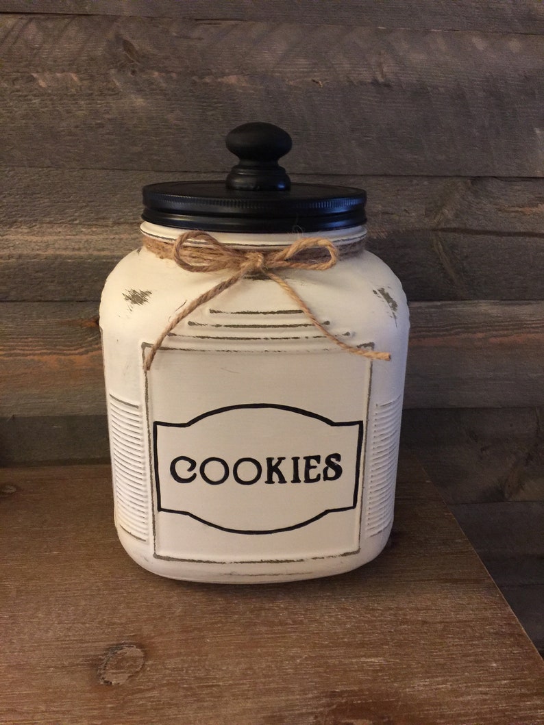 Antique White Gallon Cookie Jar With Gingham ribbon or ...