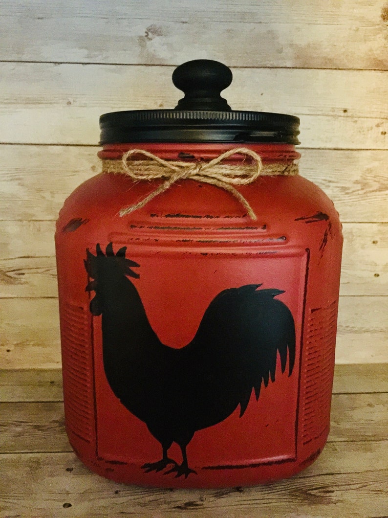 Red Rooster Mason Jar Canisters with Jute Etsy
