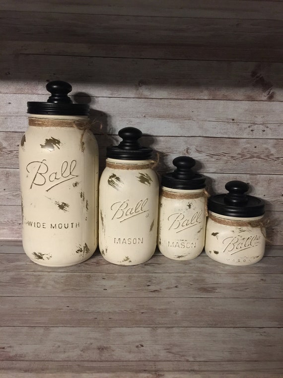 Antique White Mason Jar Canister Set with Jute matching Etsy