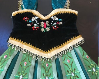 Adult Green Princess Anna Cosplay Costume with  Rhinestones