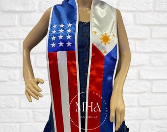 Embroidered  Graduation Stole US/Philippine Flag Thick Material
