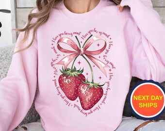 I Love You Berry Much Sweatshirt, Pink Coquette Bow Sweatshirt, Valentines Day Sweatshirt, Berry Lover Gift, Valentine Strawberry Hoodie