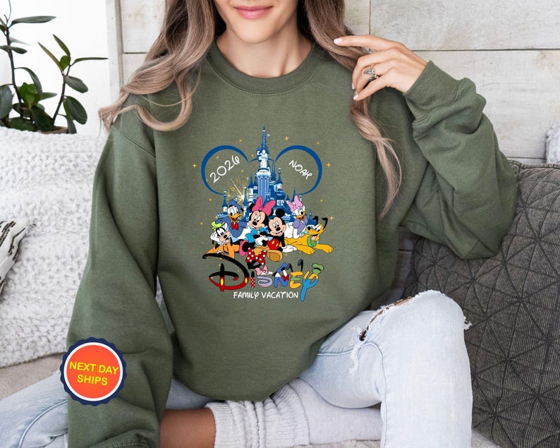 Personalized Disney Family Vacation 2026 Sweatshirt, Custom Family Vacation Hoodie, Disneyland Trip Sweater, Walt Disney World Sweatshirt Military Green