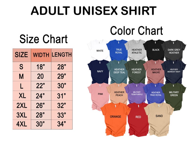 Puede incluir: Imagen de una tabla de colores y una tabla de tallas para una camiseta unisex para adultos. La tabla de colores muestra varios colores de camisetas, incluyendo blanco, azul, gris, negro, marino, rosa, naranja y verde. La tabla de tallas muestra el ancho y largo de la camiseta en cm.