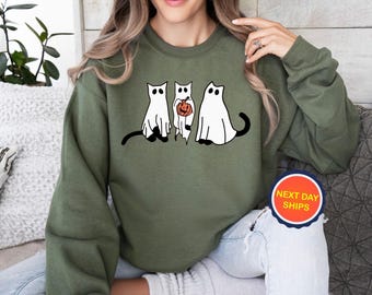 Halloween Ghost Cat Sweatshirt, Cute Ghost Sweatshirt, Halloween Sweatshirt, Fall Sweatshirt, Black Cat Halloween, Spooky Season Sweatshirt