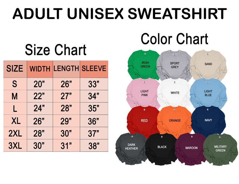 Adult Unisex Sweatshirt Chart
