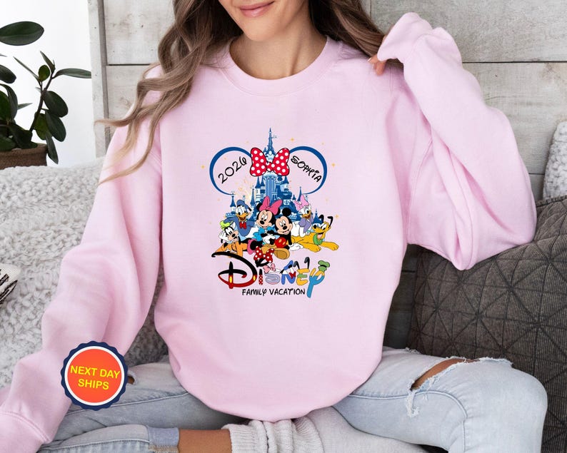Personalized Disney Family Vacation 2026 Sweatshirt, Custom Family Vacation Hoodie, Disneyland Trip Sweater, Walt Disney World Sweatshirt Light Pink