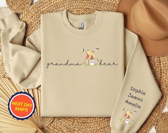 Custom Grandma Bear Winnie The Pooh Sweatshirt or Hoodie, Gift for Mother's Day Hoodie, Custom Grandma Sweatshirt With Kid Name(s) On Sleeve