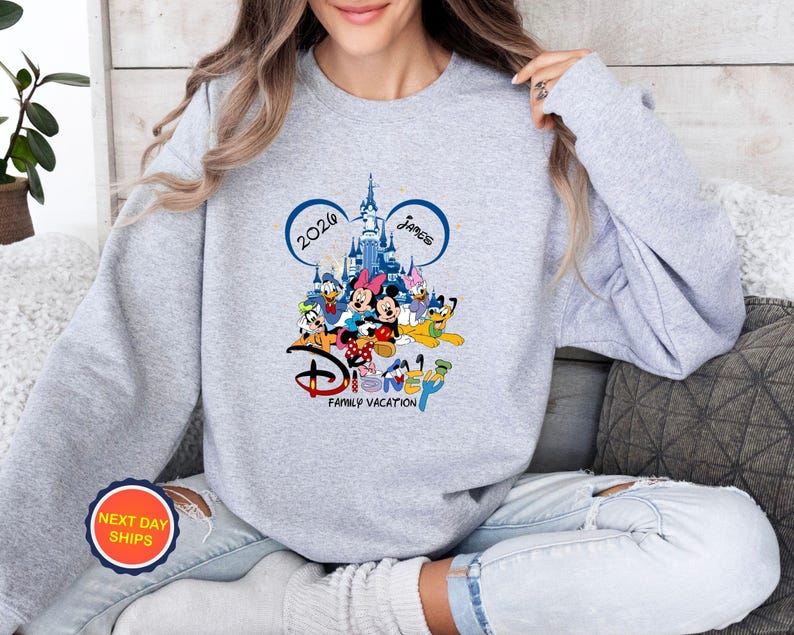 Personalized Disney Family Vacation 2026 Sweatshirt, Custom Family Vacation Hoodie, Disneyland Trip Sweater, Walt Disney World Sweatshirt Sport Grey