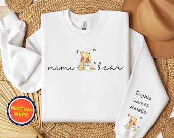 Sudadera o sudadera con capucha personalizada de Winnie the Pooh, ideal como regalo para el Día de la Madre, con el nombre del niño en la manga.