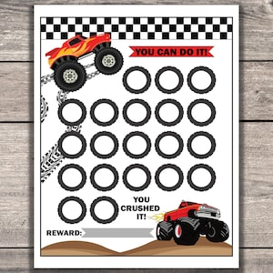 Puede incluir: Un gráfico de recompensas imprimible con temática de monster truck con el texto "You Can Do It!" y "You Crushed It!" El gráfico tiene 20 círculos para colorear a medida que se ganan las recompensas. Hay un espacio en la parte inferior para una recompensa.