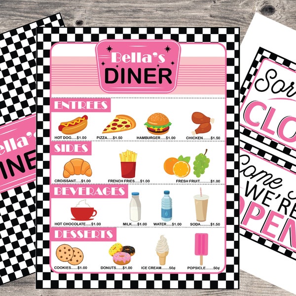 Personalized Pretend Play Diner Menu, Pretend Retro Restaurant Menu, Personalized Restaurant, Preschool Pretend Play, Kids Play Menu