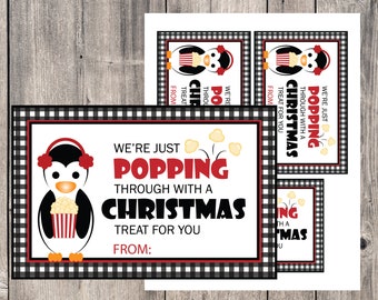 Just Popping Through With A Christmas Treat For You, Digital Christmas Popcorn Tag, Microwave Christmas Popcorn Tag, Christmas Party Favor