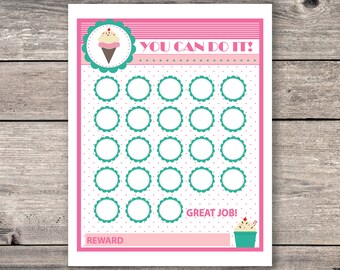 May include: A pink and green printable chart with the text "YOU CAN DO IT!" and "GREAT JOB!"  The chart has 25 circles to colour in as a reward system.  The chart is decorated with ice cream cones.