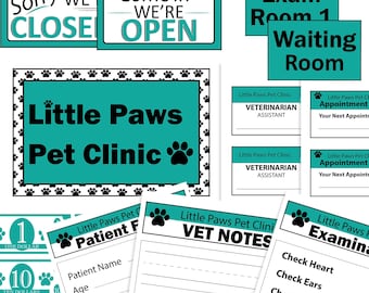 May include: A set of printable signs for a pet clinic, including signs for the exam room, waiting room, veterinarian assistant, appointment, patient forms, and vet notes. The signs are in black and teal with paw prints.