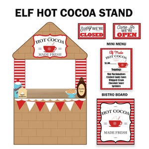 Può includere: Un cartello stampabile per un chiosco di cioccolata calda degli elfi con un tendone a strisce rosse e bianche e un muro di mattoni marroni. Il cartello dice "Cioccolata calda fatta dagli elfi € 1,00..." e elenca condimenti come mini marshmallow, bastoncini di zucchero tritati, panna montata, salsa al cioccolato e codette. C'è anche un cartello che dice "Cioccolata calda fatta fresca" e un cartello che dice "Spiacenti, siamo chiusi".