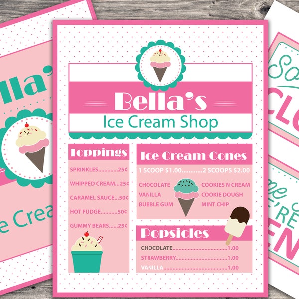 Personalized Ice Cream Shop Pretend Play Menu, Retro Pretend Ice Cream Menu, Personalized Restaurant, Preschool Pretend Play, Kids Play Menu