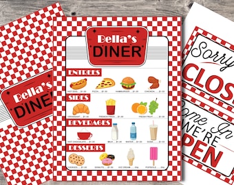 Personalized Pretend Play Diner Menu, Red Pretend Retro Restaurant Menu, Personalized Restaurant, Preschool Pretend Play, Kids Play Menu