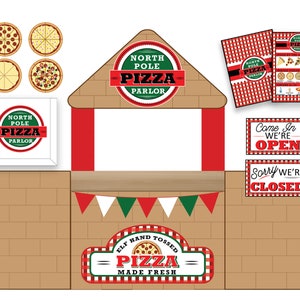 May include: A printable North Pole Pizza Parlor sign set for a Christmas party. The set includes a sign with a red and green pizza parlor logo, a sign with a red and white checked pattern, a sign with a red and white checked pattern and a list of pizzas, a sign that says "Come In We're Open", a sign that says "Sorry We're Closed", and a sign with a red and white checked pattern that says "Elf Hand Tossed Pizza Made Fresh".