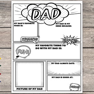 Vatertag Alles über Papa Füllen Sie den Vatertag aus, Vatertagskarte von Kindern, Superhelden Comic Vatertagskarte, Vatertagskarte druckbar