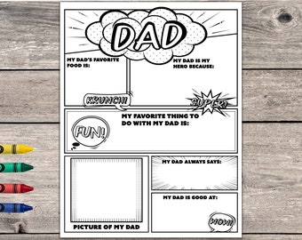 Father's Day All About Dad Fill in the Blank, Father's Day Card from Kids, Superhero Comic Father's Day Card, Father's Day Card Printable