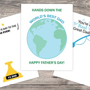 May include: Three Father's Day greeting cards with different designs. The first card has a trophy with the text '#1 DAD'. The second card has a blue and green globe with the text 'HANDS DOWN THE WORLD'S BEST DAD' and 'HAPPY FATHER'S DAY!'. The third card has a blue fishing rod with the text 'You're a Reel Great Dad!'