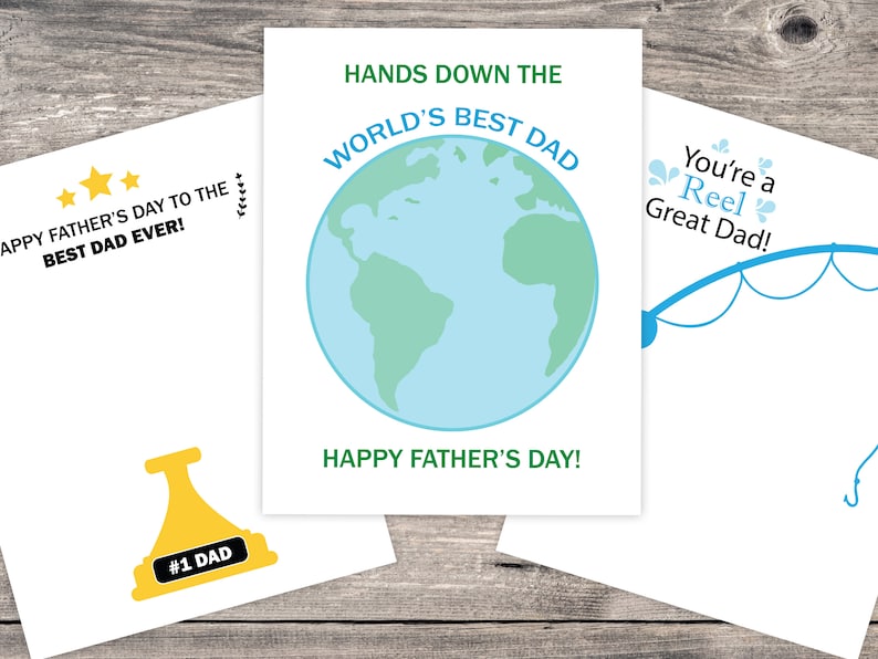 May include: Three Father's Day greeting cards with different designs. The first card has a trophy with the text '#1 DAD'. The second card has a blue and green globe with the text 'HANDS DOWN THE WORLD'S BEST DAD' and 'HAPPY FATHER'S DAY!'. The third card has a blue fishing rod with the text 'You're a Reel Great Dad!'