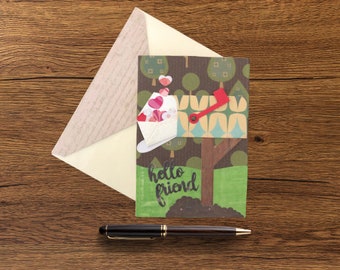 Hello Friend Vintage Inspired Retro Handmade Snail Mail Greeting Card