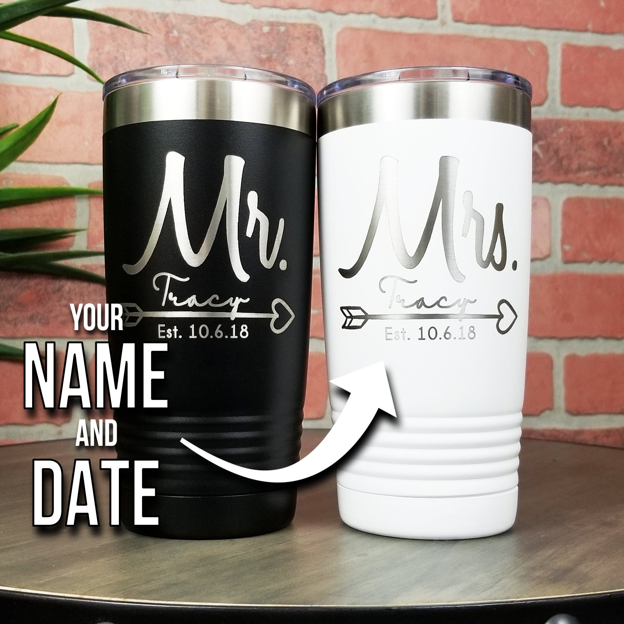 Mr. and Mrs. Travel Mug Tumbler W/ Handle Gift Set Personalized Bride Groom  Name Anniversary Wedding Gift Laser Engraved 20oz Mug 