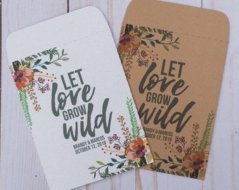 Wedding Favors Seed Packets Let Love Grow Wild Autumn Fall Personalized Envelope White Kraft Rustic Custom Floral Seeds