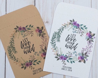 May include: Two brown and white seed packets with a floral wreath design and the text "Let love grow wild". The packets are for a wedding and include the couple's names and wedding date.